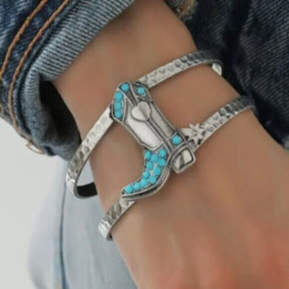 Western Cowboy Boot Turquoise Silver Bangle Bracelet - Picture 2 of 3